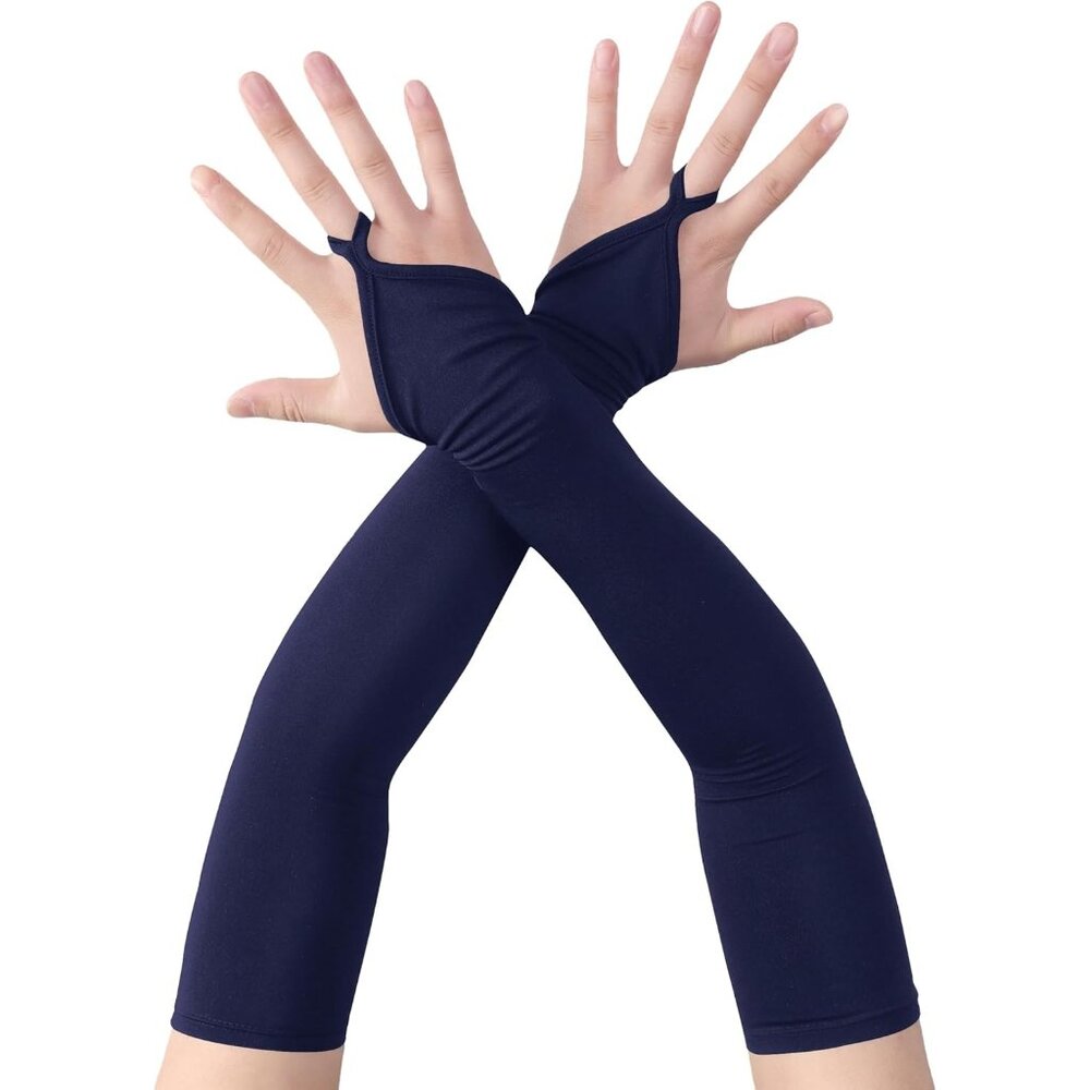 Women's Finger Loop Navy Elegant Stretchy Spandex Elbow Length Satin Gloves